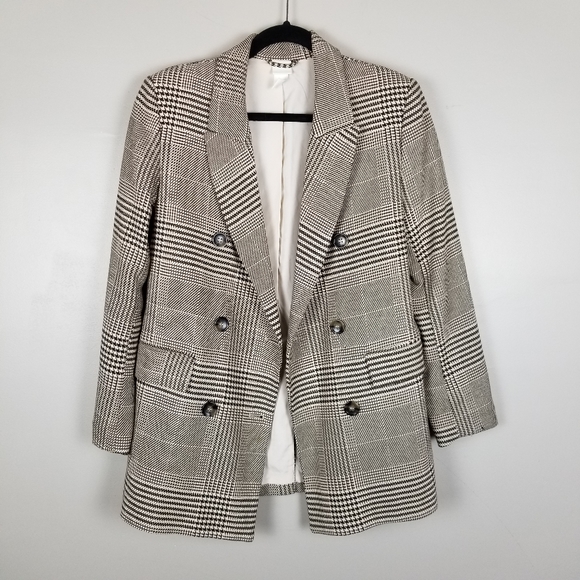 H&M houndstooth double breasted blazer, size 2, brown, oversized